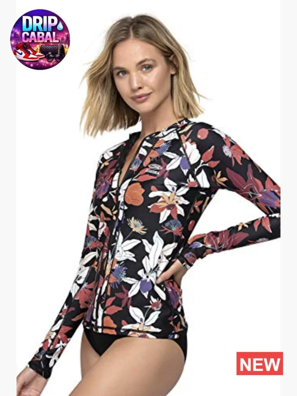 Long Sleeve Rash Guard UPF 50+ Zip Front Swimsuit Shirt